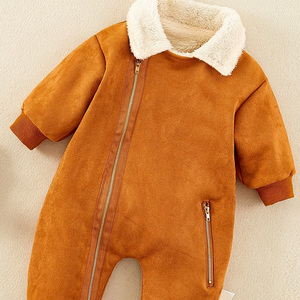 Nouveau-né hiver plaine contraste col bébé combinaisons haute qualité mignon combinaison décontractée bébé fermeture éclair Teddy doublé daim combinaison - Product Image 3