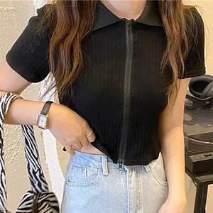 Top <b>Women</b> Clothing Polo Collar T-<b>shirt</b> Summer Zipper Slim Half Sleeved Breathable Top High Waisted Short Blouse - Product Image 2