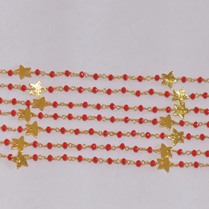 Belle feuille étoile suiveur & perles de quartz rouge chaîne chapelet. Chaîne de chapelet en fil de fer plaqué or pour la fabrication de bijoux - Product Image 4