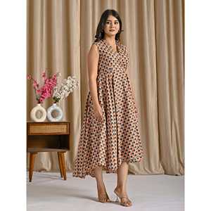 Vestido Asimétrico Estampado de Algodón Butti Beige y Azul, Casual y Elegante, Ropa de Mujer ODM, Transpirable, Talla Única XL, Cintura Natural - Product Image 6