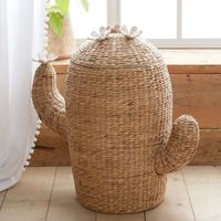 Panier en paille tressée en cactus naturel, panier en jacinthe d'eau, panier à linge, panier de rangement avec couvercle pour chambre d'enfant, chambre de bébé