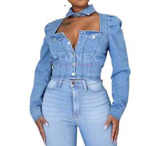 Chaquetas clásicas informales recortadas de mezclilla para mujer con cuello único, Chaqueta vaquera azul lavada con bolsillos abotonados para mujer - Product Image 1