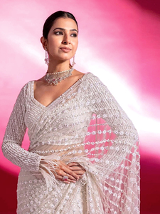 Trendmalls Saree pour femme avec broderie filet et sequins, pièce de chemisier non cousue, style fête et mariage, coupe classique - Product Image 5