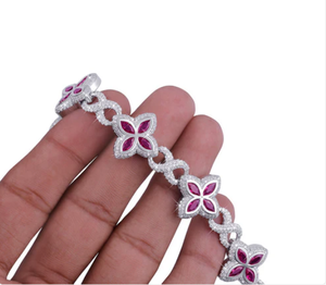Bracelet en diamant : Bracelet de luxe en argent sterling 925 avec fleur en rubis et diamant - Product Image 3
