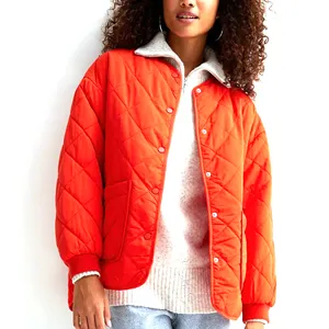 Bright Orange Quilted Collarless Jacket New Arrivals Private Label Orange Plus Size Zipper Leather Jacket For Women Stylish 2022