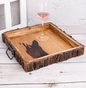 Bandeja de servicio de corteza de madera natural cuadrada con asas de metal, bandeja de mayordomo rústica, mesa de comedor de campo para centro de mesa, organizador de escritorio - Product Image 6