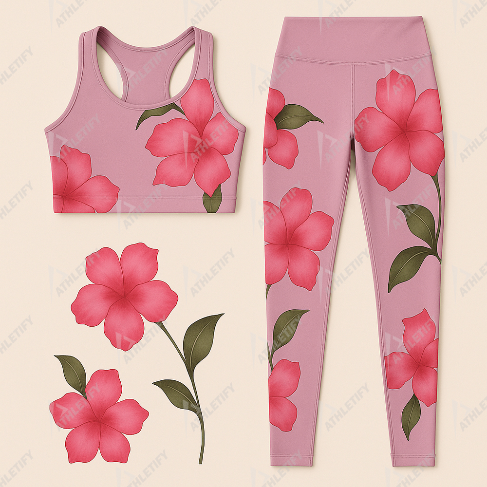 Eco-Friendly Floral Pattern Sublimated Print Breathable Lightweight Elastic Waist 2-Piece Yoga Legging Set for Active Lifestyles