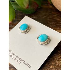 Navajo Kingman Turquoise & <b>Sterling</b> <b>Silver</b> <b>Stud</b> Earrings Bezel Set in Laid-Back Style - Product Image 4