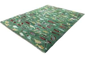 Alfombra de peces coloridos de lana verde hecha a mano, alfombra de tema náutico de terracota, diseño de alfombra persa para decoración del hogar, Alfombras anudadas florales - Product Image 2