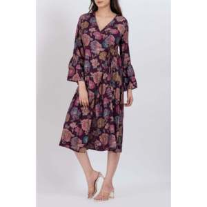 Robe midi évasée à imprimé floral, taille XS, en rayonne et mousseline, taille naturelle, coupe décontractée, motif floral, idéale pour les soirées - Product Image 2