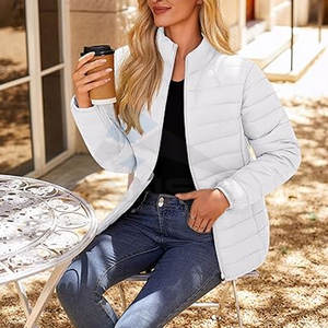 <b>Women</b> Winter <b>Quilted</b> Puffer <b>Jacket</b> <b>Lightweight</b> Warm Coat with Stand Collar Full Zip Outerwear white Color - Product Image 3
