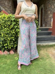 Pantalon Plazo taille haute imprimé fleuri de Style indien classique pour les femmes élégant tenue de fête décontractée avec manches pour l'ambiance d'été - Product Image 3