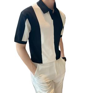 Top moda clásica Color sólido hombre básico cuello en V Top verano hielo seda manga corta Polo Casual rayas Color bloqueo - Product Image 2