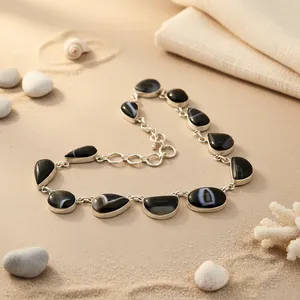 Collier élégant pour femme en argent plaqué avec perles d'agate en forme de goutte d'eau, design chaîne à maillons, bijou tendance - Product Image 2