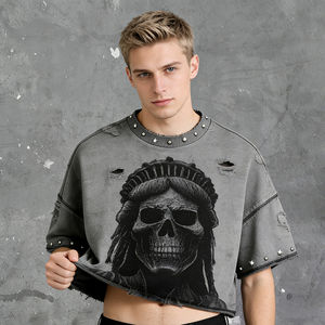 T-shirts gris délavés pour hommes, coupe ample, imprimés graphiques, ourlet vieilli, détails rivets, style streetwear décontracté rétro punk - Product Image 3
