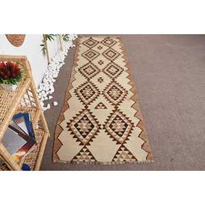 2.8x8.3 ft Vintage <b>Rug</b>, Turkish <b>Runner</b> <b>Rug</b>, Beige Brown Check Wool <b>Rug</b> - Product Image 1