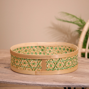 ถาดไม้ไผ่สานสีสันสดใส / จานไม้ไผ่ทรงกลมตกแต่งลายเรขาคณิตสีสันสดใส - Product Image 1