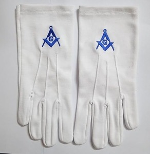 Blue Square & Compass Masonic Embroidered Cotton Gloves - [<b>White</b> & Blue] very comfortable to wear gloves size Large - Product Image 3