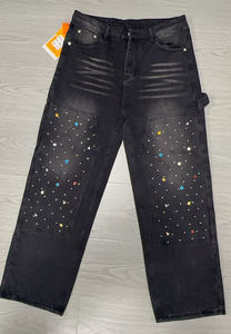 Pantalones vaqueros holgados desgastados con lavado ácido de pierna ancha de alta calidad para hombre, pantalones vaqueros de color oscuro de gran tamaño, cintura media, diamantes de imitación rectos - Product Image 3