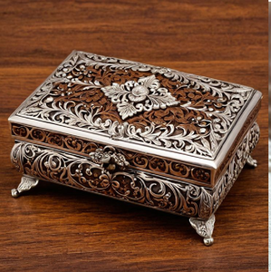 Silver ornate metal jewelry <b>box</b>, embossed floral design, <b>vintage</b>. Keepsake chest, available at wholesale prices. - Product Image 5