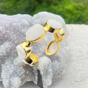 Pulsera de lujo con piedras naturales, ágata blanca azucarada, druzy, brazalete abierto, chapado en oro de 18k, forma de huevo, pulsera de piedras múltiples para mujer - Product Image 4