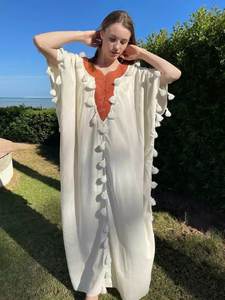 Hot Selling Women's Boho <b>Kaftan</b> Floral-Embroidered Half Sleeve V-Neckline Long Beach Cover Lace Work Eco-Friendly Woven <b>Kaftan</b> - Product Image 3