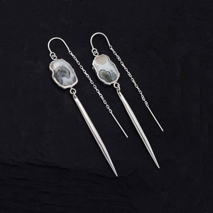 Spike <b>Threader</b> Moss Quartz Slice <b>Earrings</b> Natural Gemstone Handmade Genuine Unique Piece 925 Sterling Silver Texture Wonder - Product Image 3