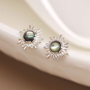 Sunburst Opalescent Round <b>Stud</b> <b>Earrings</b> In Shimmering Green And White Tones Polished <b>Sterling</b> <b>Silver</b> For Bridal Anniversary Gift - Product Image 1