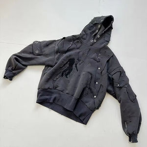 Sudadera con capucha de invierno de talla grande, gruesa, con cremallera, personalizada, con lavado ácido desgastado, oversize, 100% algodón, con pedrería, de corte regular, bordada - Product Image 3