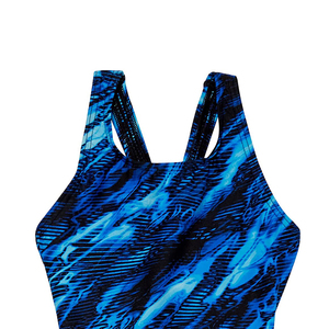 Traje de baño de una pieza para mujer, con cuello halter cruzado, estampado abstracto azul, cintura alta, en spandex y poliéster elástico - Product Image 5