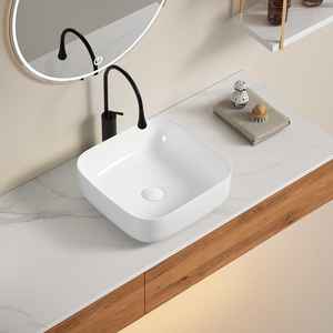 Lavabo carré en céramique blanche de 40 cm avec coins arrondis, à poser sur comptoir - Product Image 1