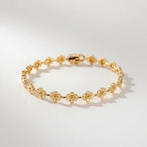 Luxury Solid 14K Gold Floral Station Bracelet with Center Daisy Link Design Women's GIA Certified OEM <b>Fine</b> Jewelry - Product Image 3
