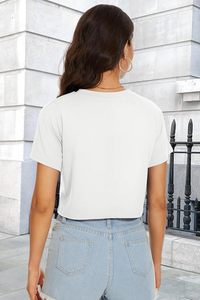 เสื้อครอปแขนสั้นสำหรับผู้หญิง, เสื้อลำลองคอกลมทรงหลวมทำจากผ้าฝ้ายโพลีเอสเตอร์ผ้าสแปนเด็กซ์ - Product Image 4