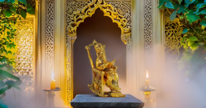 Statue de Ganesha en métal faite à la main Design Art déco Dieu hindou Ganesh Ganpati assis sur une chaise lisant le Ramayana - Product Image 3