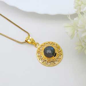 Handmade Design Gold Pendant Necklace Tribal Brass Jewelry Women 18k Gold Plated Celestial Sun Labradorite Boho Choker Wholesale - Product Image 2