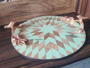 Modern Design Wooden Round Tray with Gold Metal Handles Solid Wood Patchwork Serving Tray for Home & Kitchen Gifting - Product Image 5