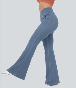 Jean évasé taille haute en denim délavé effet rafraîchissant pour femme, contrôle du ventre, style décontracté d'été, prix fabricant - Product Image 3