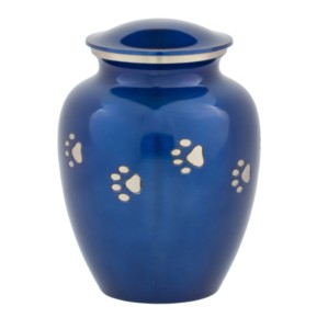 Venta al por mayor de aluminio azul con impresiones de pata, urnas de cremación para mascotas, urnas clásicas de aluminio para cremación de mascotas hechas en la India - Product Image 1