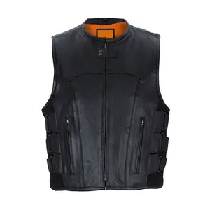 Waistcoat Sleeveless Leather Motorbike Turn-Down Collar Pockets Leather Vest Waistcoat Leather Customized Vest