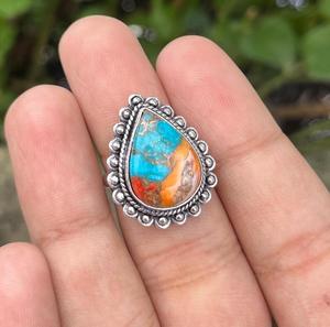 Artisan fait à la main 925 argent Sterling huître épineuse cuivre Turquoise bague en pierres précieuses Boho vacances bijoux cadeau personnalisé pour elle - Product Image 1