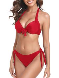 Verano más nuevo ropa de playa Bikinis personalizado liso Color rojo sólido Bikini dos piezas traje de baño Bikini conjuntos - Product Image 5