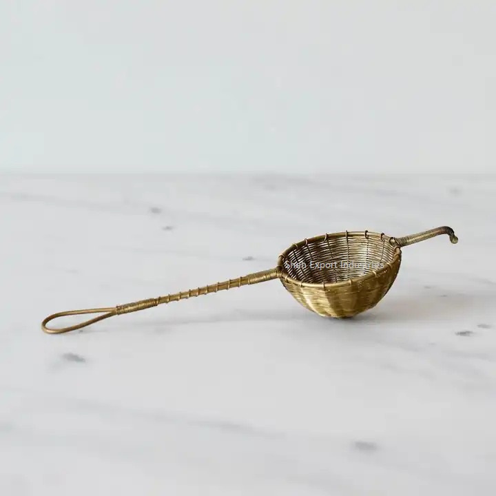 Indian Handmade Antique Gold Brass Tea Strainer with Long Handle Handwoven Wire Mesh for Loose Leaf Tea