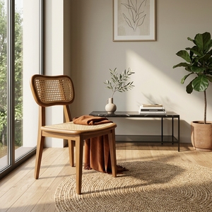 Chaise de salle à manger moderne en rotin naturel et bois massif, avec cadre en teck artisanal et dossier en cannage, pour cuisine et café - Product Image 2