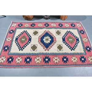 Tapis Kilim turc vintage grand 3.9x6 pieds rose bleu Patchwork Design laine jonc de mer support en Latex pour décor de chambre de couloir - Product Image 3