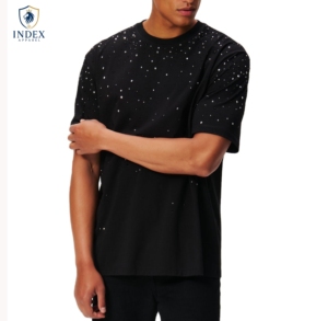 T-shirt à manches courtes pour homme INDEX APPAREL, motif à pois en strass noir, coupe classique, col rond, haut en tricot décontracté - Product Image 1