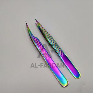 Pince à épiler d'extension de cils en acier inoxydable avec logo personnalisé arc-en-ciel poignée en diamant multicolore volume de cils pointus en fibres incurvées solides - Product Image 4