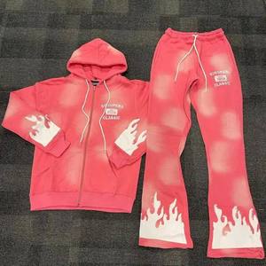 OEM personalizado nueva moda ropa de invierno para los hombres más tamaño de la pantalla de impresión Sudadera con capucha pantalones de chándal acampanados con el sol se desvanecen ácido lavado chándal - Product Image 6