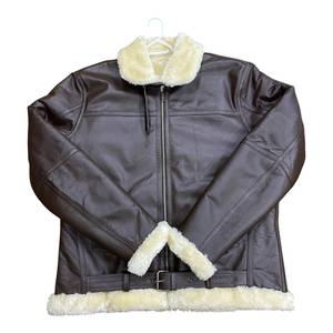 Brown Genuine Leather Plain Windproof Logo Men's Zip-Up Bomber <b>Jacket</b> <b>with</b> Polyester <b>Lining</b> Winter Casual Outerwear - Product Image 3