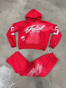 Fabricant Personnalisé Cropped Distressed Zip up Sweatsuit Rhinestone Streetwear Survêtement Baggy Flared Sweatpants and Hoodie Sets - Product Image 5