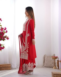 Wedding Anivarsary Special Red Color Best Material Use Free Size Full Sleeve Pattern Ladies Wear <b>Three</b> Piece Dress Collection - Product Image 4